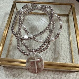 4 Newton Silver and White Pearl Bracelets with Cross Pendant